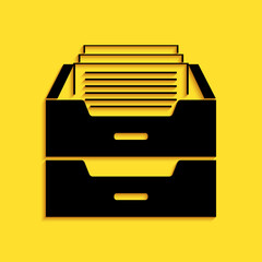Poster - Black Drawer with documents icon isolated on yellow background. Archive papers drawer. File Cabinet Drawer. Office furniture. Long shadow style. Vector.