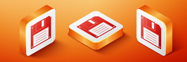 Poster - Isometric Floppy disk for computer data storage icon isolated on orange background. Diskette sign. Orange square button. Vector.