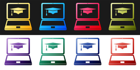 Poster - Set Graduation cap and laptop icon. Online learning or e-learning concept icon isolated on black and white background. Vector.