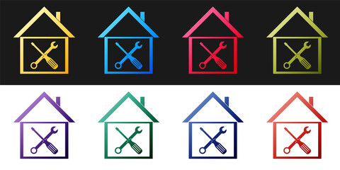 Poster - Set House or home with screwdriver and wrench icon isolated on black and white background. Adjusting, service, setting, maintenance, repair, fixing. Vector.
