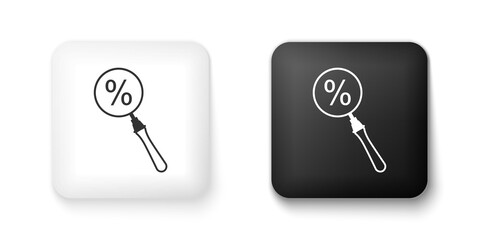 Poster - Black and white Magnifying glass with percent discount icon isolated on white background. Discount offers searching. Search for discount sale sign. Square button. Vector.