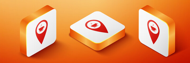 Fototapete - Isometric Map pointer with hot coffee cup icon isolated on orange background. Orange square button. Vector.