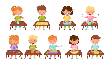 Cute Children Standing at Table and Playing Game with Water, Pebble and Sand Vector Set