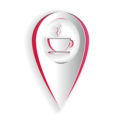 Fototapete - Paper cut Map pointer with hot coffee cup icon isolated on white background. Paper art style. Vector.