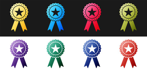 Poster - set award medal with star and ribbon icon isolated on black and white background. winner achievement