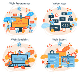 Web programming concept set. Coding, testing and writing program