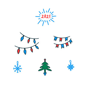 A set of Christmas tree toys. Cute set of Christmas tree decorations. Hand-drawn Christmas tree, garlands, 2021, snowflakes. Happy new Year and merry Christmas. Vector illustration