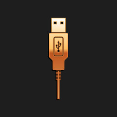 Poster - Gold USB cable cord icon isolated on black background. Connectors and sockets for PC and mobile devices. Smartphone recharge supply. Long shadow style. Vector.