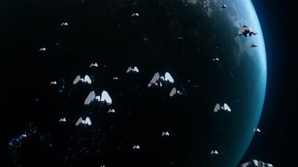 Wall Mural - many spaceships are approaching from space towards planet earth