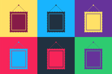 Poster - Pop art Rectangular picture frame hanging on the wall icon isolated on color background. Vector.
