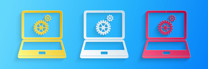 Poster - Paper cut Laptop and gears icon isolated on blue background. Adjusting app, service, setting options, maintenance, repair, fixing laptop concepts. Paper art style. Vector.