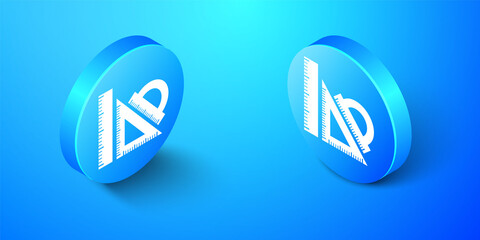 Isometric Set ruler, triangular ruler and protractor icon isolated on blue background. Straightedge sign. Triangle sign. Geometrical instruments. Blue circle button. Vector.