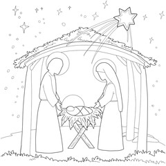 A Christmas nativity coloring scene cartoon, with baby Jesus, Mary and Joseph in the manger and guiding star above.