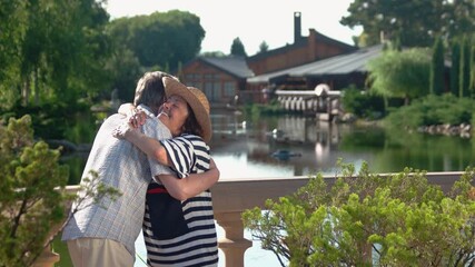 Wall Mural - Senior couple meeting at park after long time. Mature man and woman hugging outdoors. Family meeting. Romance between elderly people.