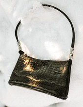 Vintage Bag In The Snow. Flat Lay Top-down