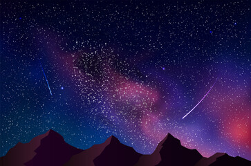 Vector background with realistic night landscape. Night sky with milky way 