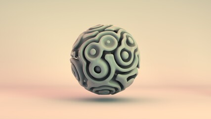 Poster - 3D rendering of a metamorphosed sphere, an amorphous sphere with convolutions and flexible waves. Wrinkled surface, flexible outline, smooth shape. A futuristic, fantastic item.
