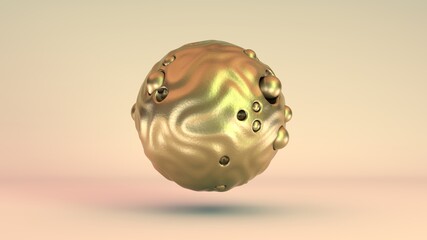 Poster - 3D rendering of a Golden abstract sphere with waves on the surface and a lot of small balls squeezing spherical shapes into the surface. Abstract idea of values and wealth.