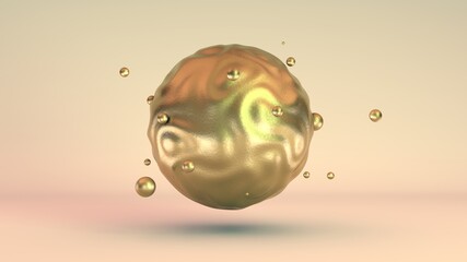 Poster - 3D rendering of a Golden abstract sphere with waves on the surface and many small satellite balls around the sphere. Elegant abstract idea of wealth and prosperity. Image for screensavers.