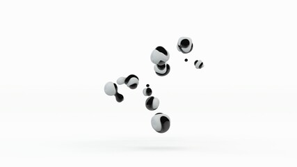 Poster - 3D rendering of abstract black-and-white liquid drops randomly located in space. A symbol of interaction, inconsistency, not the merging of good and evil, the struggle of light and darkness.