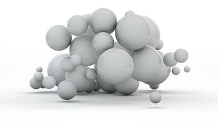 Poster - 3D rendering, an abstract illustration of a white background with many randomly arranged spheres of different sizes. The geometry of the sphere, the perfect background shapes. Design of chaos