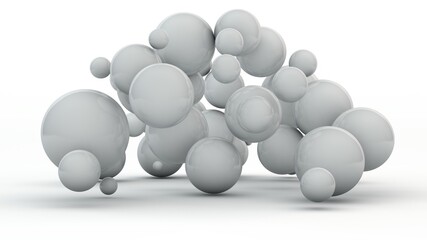 Poster - 3D rendering, an abstract illustration of a white background with many randomly arranged spheres of different sizes. The geometry of the sphere, the perfect background shapes. The design of infinity.