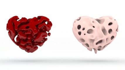 Poster - 3D rendering of pink and red hearts, symbols of the Valentine's day. Two hearts of different structures, with curves and smooth lines, shapes. The idea of conformity and complementarity.