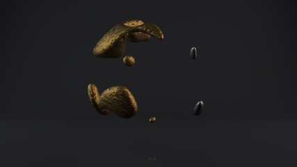 Poster - 3D rendering of smooth shapes on a black background with reflections. Smooth curves of drops of bronze and gold form a futuristic sphere. 3D technologies, art of forms. Liquid metal in zero gravity.