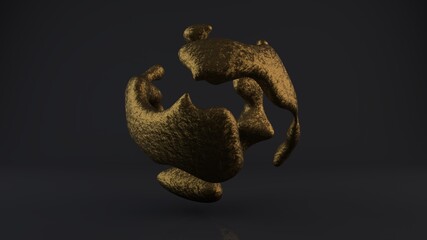 Poster - 3D rendering of smooth shapes on a black background with reflections. Smooth curves of drops of bronze and gold form a futuristic sphere. 3D technologies, art of forms. Liquid metal in zero gravity.