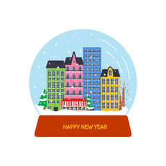 Vector illustration of winter city landscape isolated. Urban scene with classic European houses and snowfall. Snow globe in flat linear style. Snow ball with colorful architectural antique buildings