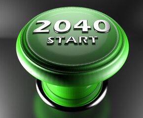 Poster - 2040 START green push button on black background - 3D rendering illustration
