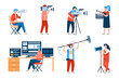 Professional filmmakers with equipment set of flat cartoon vector illustrations isolated on white background. Workers of film production industry or cinematography.
