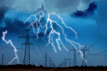 Wall Mural - picturesque lightning storm over field with high voltage towers