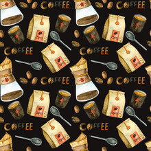 Watercolor Seamless Patterny Coffee Elements On Black Background. Hand  Retro Coffee Grinders, Coffee Cups, Coffee Jar,coffee Maker. Paris Breakfast.