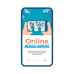 Wall Mural - Onboarding page design for online medical support chat with doctors characters, flat cartoon vector illustration. Medical health care application screen template.