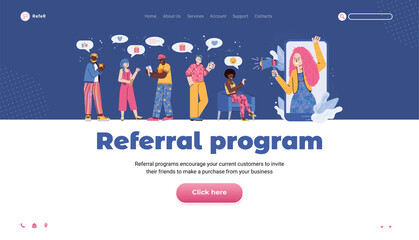 Referral program website banner template with cartoon people, flat vector illustration. Landing page design with buyers inviting friends to referral marketing campaign.