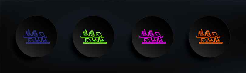 Poster - showcase with mobile phones dark badge color set. Simple thin line, outline vector of mall shopping center icons for ui and ux, website or mobile application