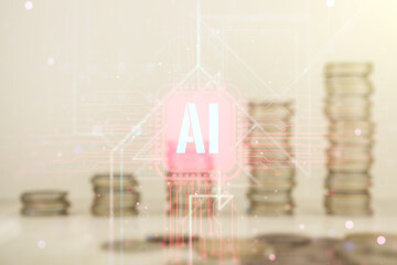 Poster - Creative artificial Intelligence symbol hologram on coins background. Double exposure