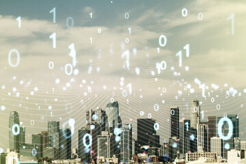 Poster - Abstract virtual binary code hologram on Los Angeles cityscape background, AI and machine learning concept. Multiexposure