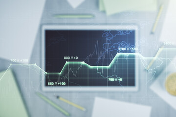 Aufkleber - Double exposure of abstract creative statistics data hologram and modern digital tablet on background, analytics and forecasting concept