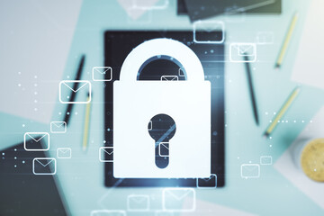 Poster - Double exposure of creative lock hologram with email symbols and digital tablet on background, top view. Information security concept