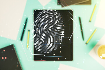 Leinwandbilder - Multi exposure of abstract graphic fingerprint sketch and modern digital tablet on desktop on background, top view, fingerprint scan data concept