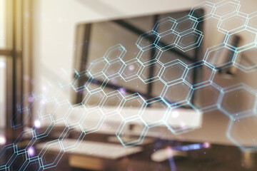 Poster - Creative concept of wireless technology with hexagon hologram on modern laptop background. Big data and database concept. Multiexposure