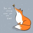 cute fox with butterfly on it's nose, illustration with cartoon character, card and lettering, vector flat design