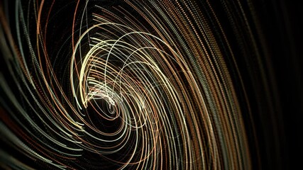 Wall Mural - Abstract energy tunnel in outer space. Animation. Flowing vortex energy of many golden bended lines on black background, seamless loop.