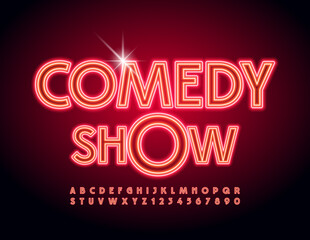 Wall Mural - Vector event flyer Comedian Show. Red Neon Font. Creative glowing Alphabet Letters and Numbers set