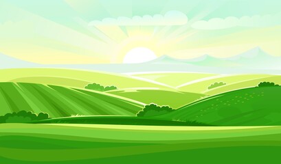 Meadow hills with vegetable gardens and fields. Rangelands and pastures. Rural landscape. Out-of-town scenery with plots of land for agricultural processing. Farmland and farm location. Vector