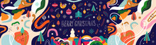 Trendy Christmas Abstract Illustration With Toys, Christmas Tree, Doodles And Snowman