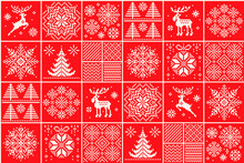 Christmas Checkered Pixel Pattern With A Winter Holiday Symbols.  Reindeer, Elk, Christmas Trees And Snowflakes Ornaments. Scheme For Knitted Sweater Pattern Design. Patchwork Quilt Imitation.