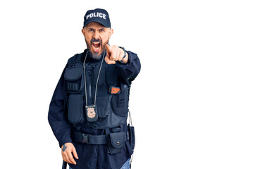 Poster - Young handsome man wearing police uniform pointing displeased and frustrated to the camera, angry and furious with you